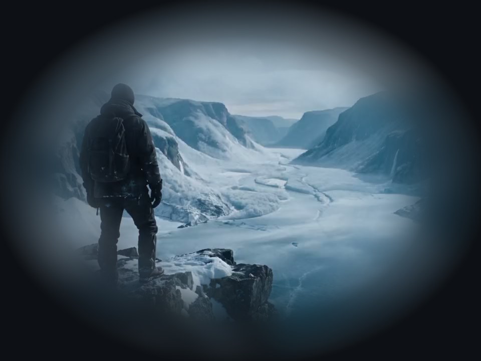 Person mit Rucksack blickt über eine winterliche Berglandschaft